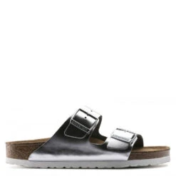 Birkenstock Women's Arizona Softbed Leather In Metallic Silver (Narrow Width)