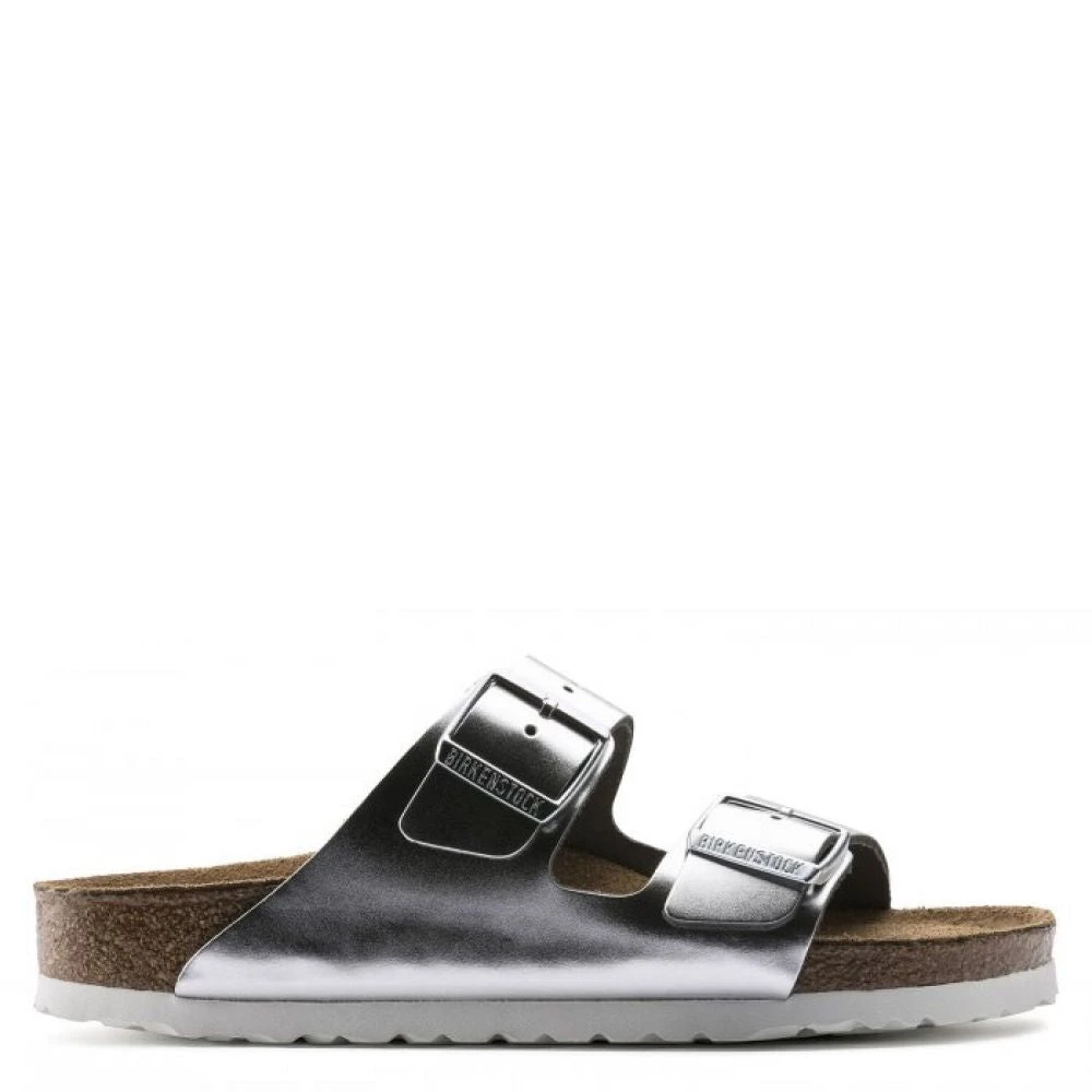 Birkenstock Women's Arizona Softbed Leather In Metallic Silver (Narrow Width) 1 Birkenstock Women's Arizona Softbed Leather In Metallic Silver (Narrow Width)